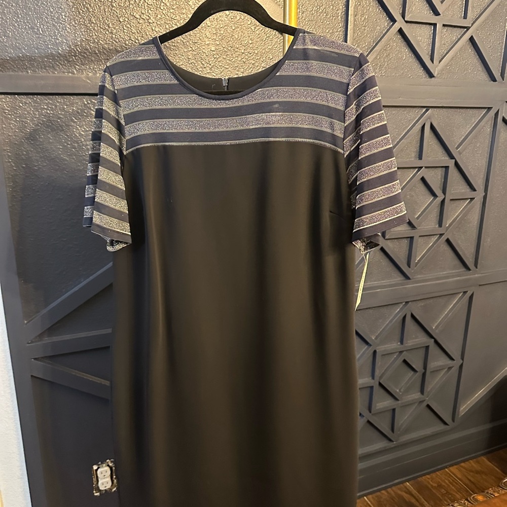 Chic Black Dress with Striped Sleeves